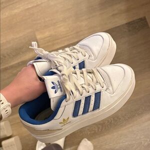 Adidas White Sneakers with Blue Stripes